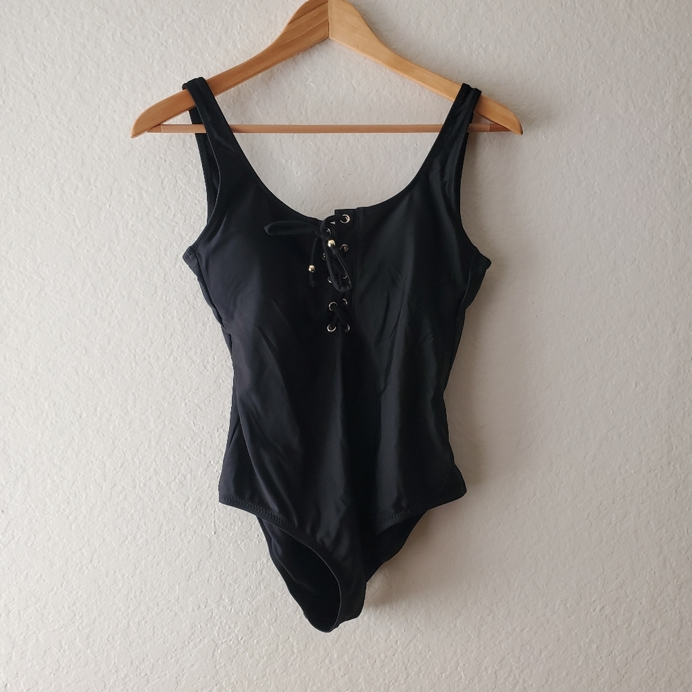 BECCA by Rebecca Virtue Black Lace Up One Piece Bathing Suit